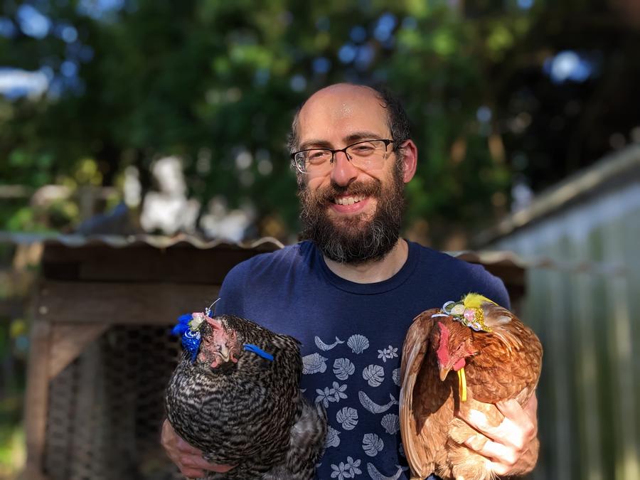 Rob with a couple chickens.